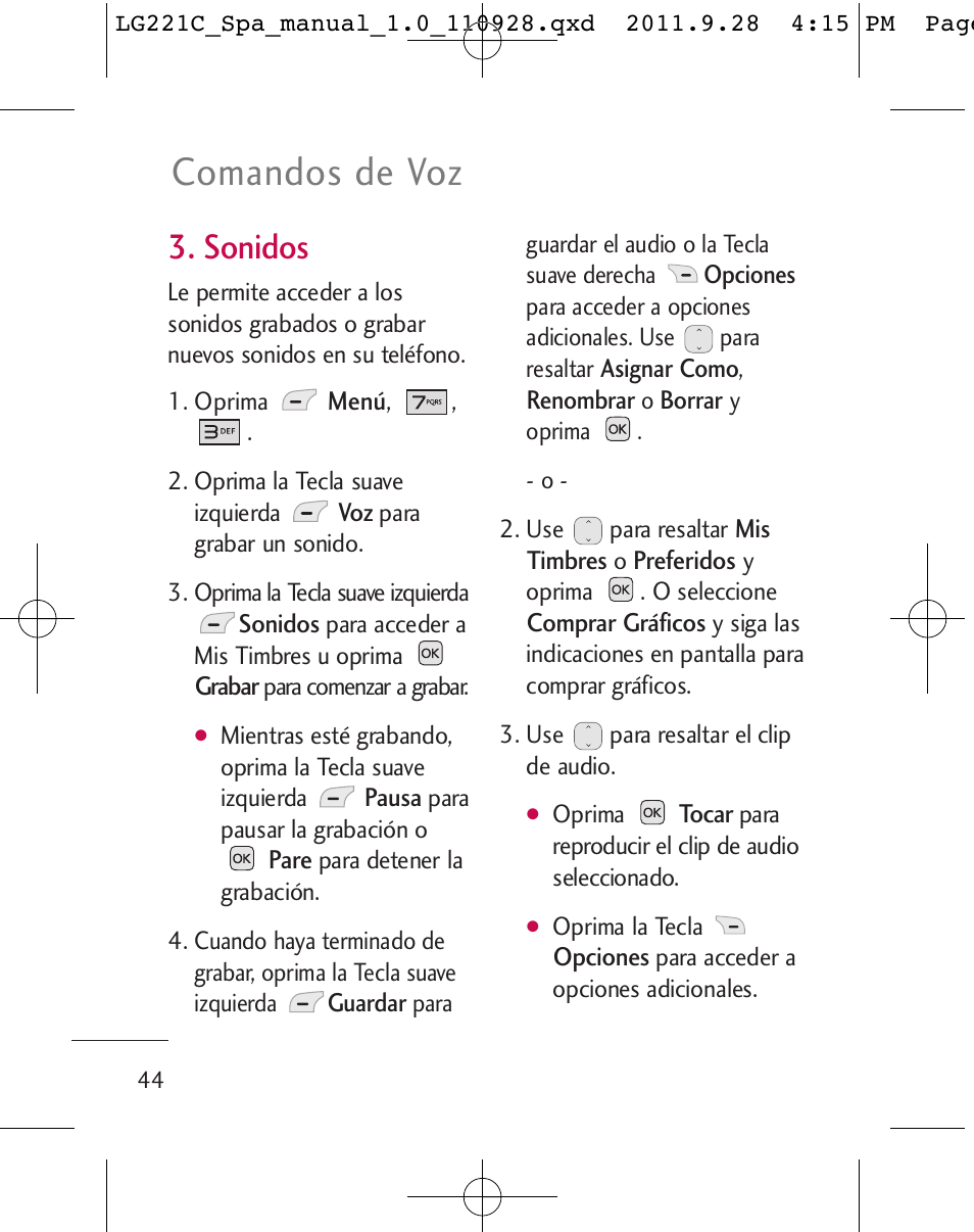 Comandos de voz, Sonidos | LG LG221C User Manual | Page 144 / 210