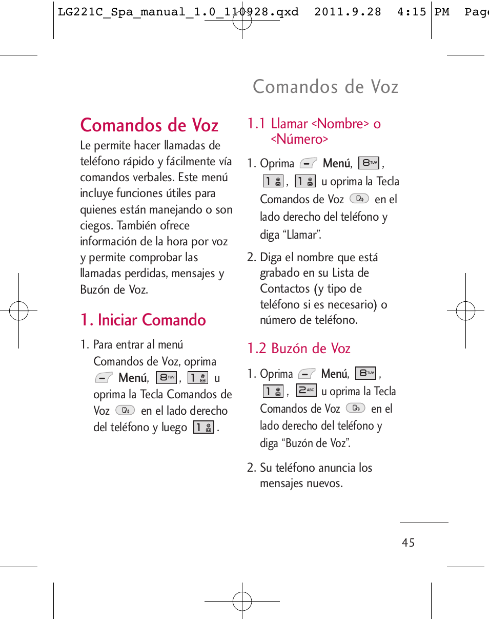 Comandos de voz, Iniciar comando, 1 llamar <nombre> o <número | 2 buzón de voz | LG LG221C User Manual | Page 145 / 210