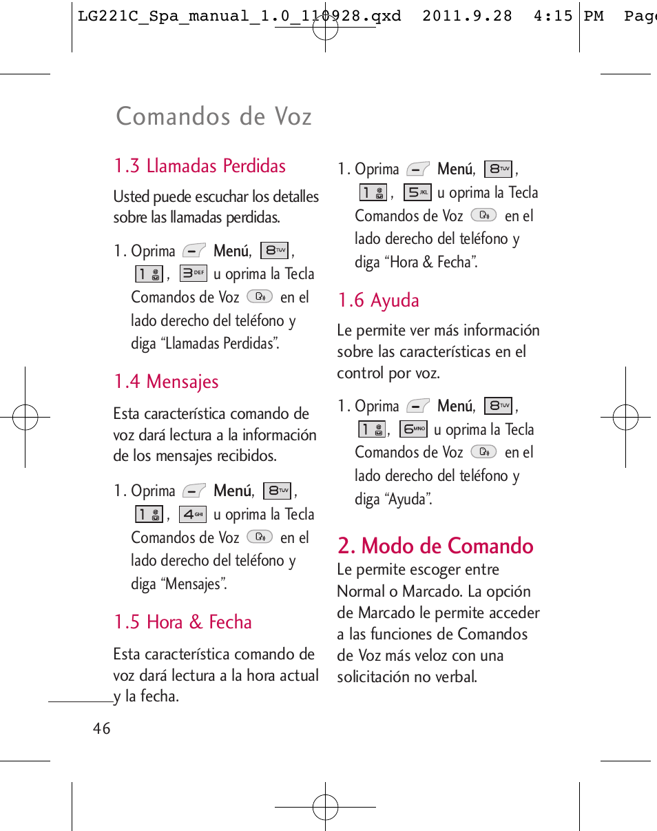 Comandos de voz, Modo de comando, 3 llamadas perdidas | 4 mensajes, 5 hora & fecha, 6 ayuda | LG LG221C User Manual | Page 146 / 210