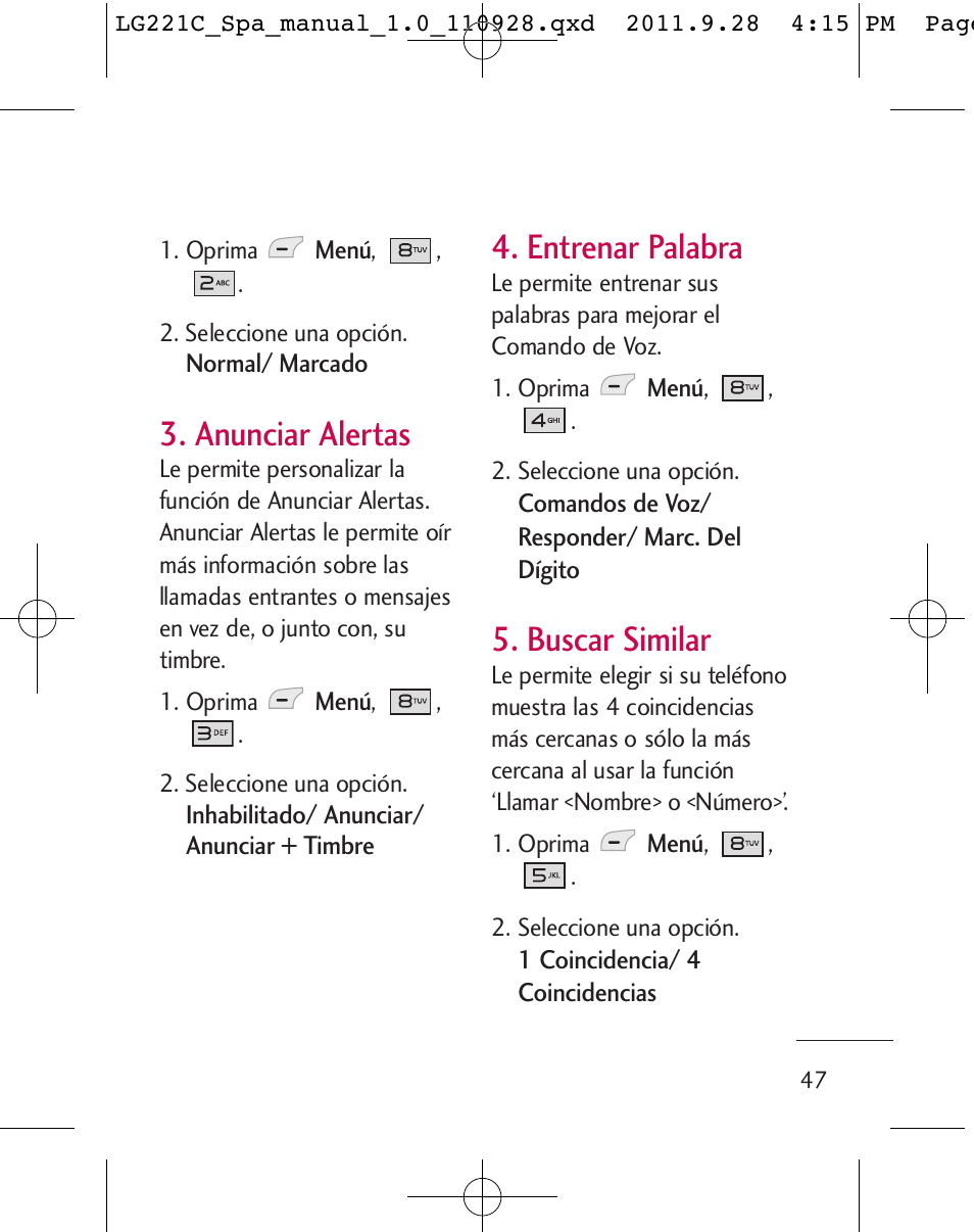 Anunciar alertas, Entrenar palabra, Buscar similar | LG LG221C User Manual | Page 147 / 210