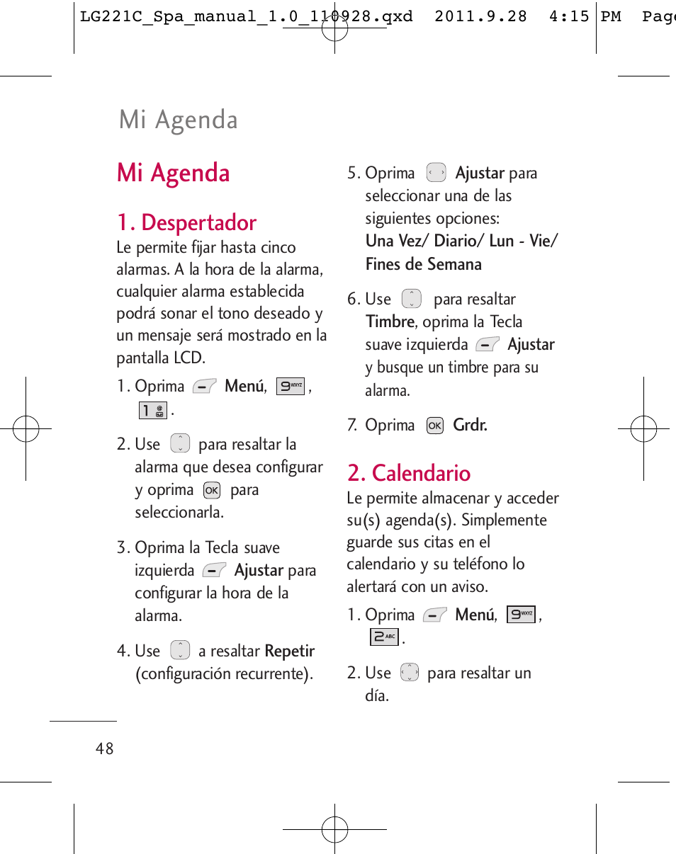 Mi agenda, Despertador, Calendario | LG LG221C User Manual | Page 148 / 210