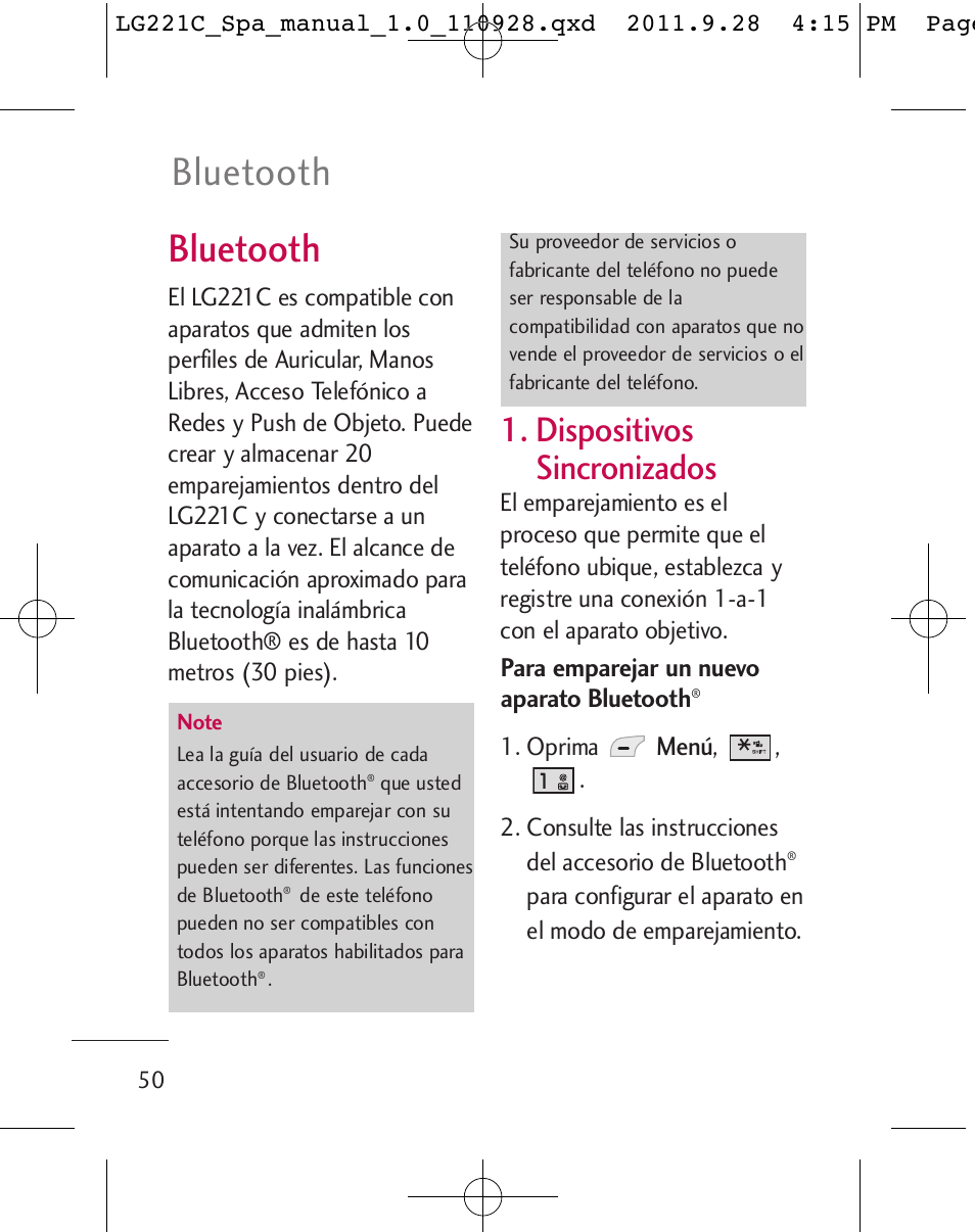 Bluetooth, Dispositivos sincronizados | LG LG221C User Manual | Page 150 / 210