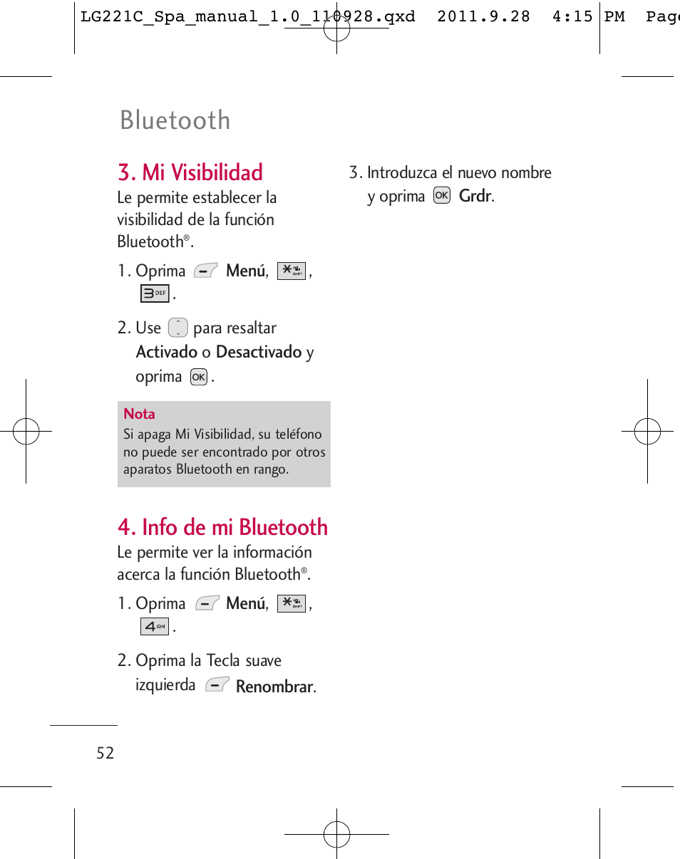 Bluetooth, Mi visibilidad, Info de mi bluetooth | LG LG221C User Manual | Page 152 / 210