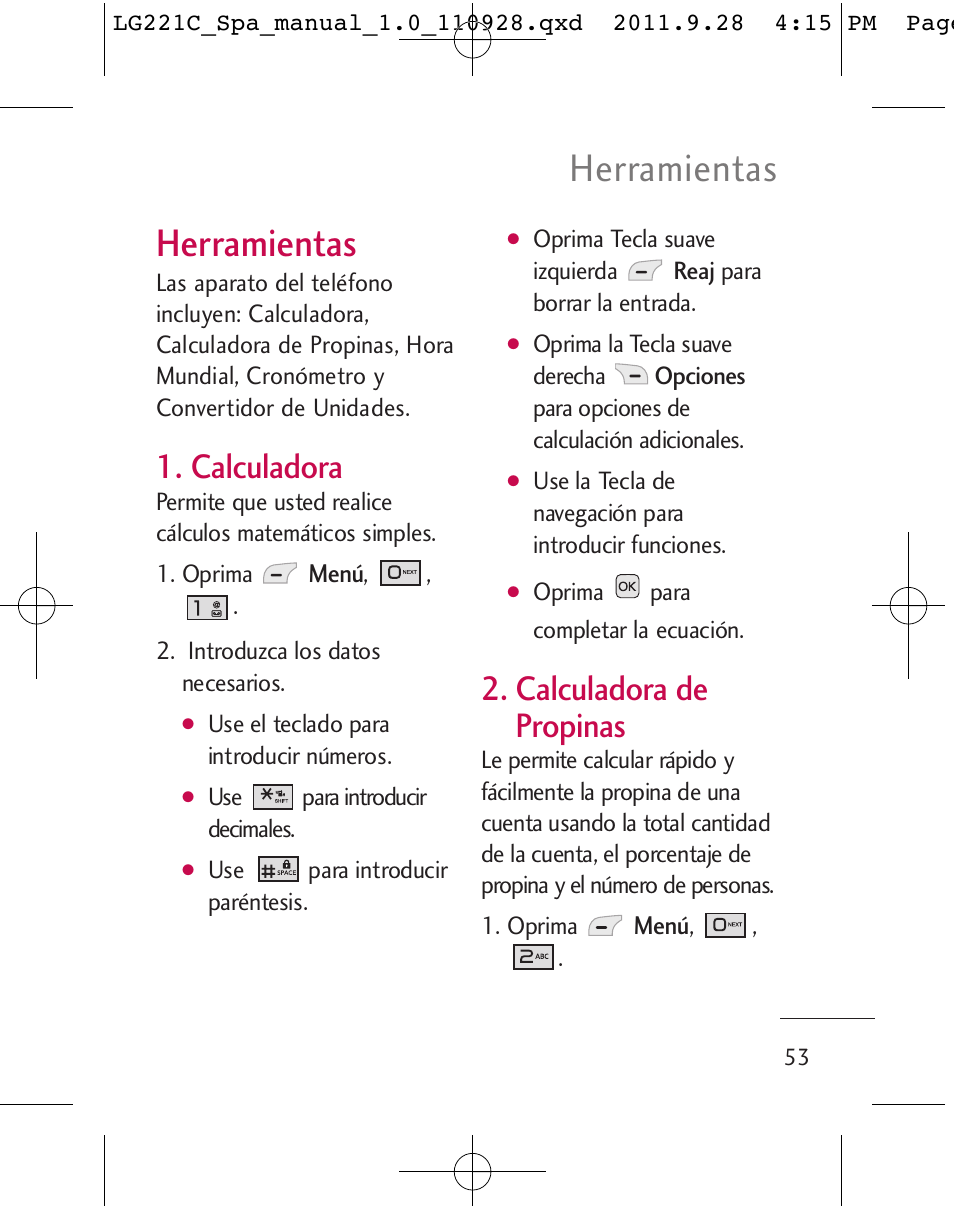 Herramientas, Calculadora, Calculadora de propinas | LG LG221C User Manual | Page 153 / 210
