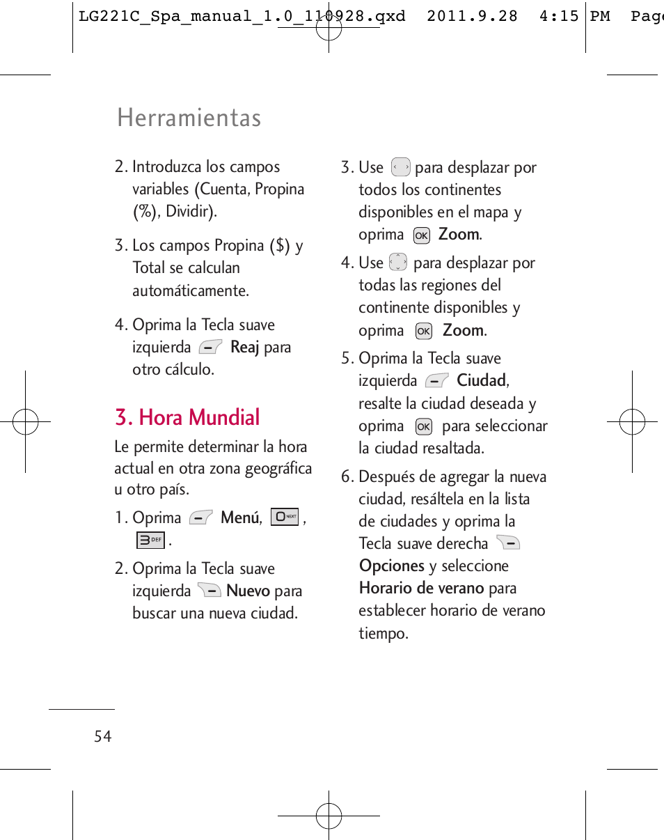 Herramientas, Hora mundial | LG LG221C User Manual | Page 154 / 210