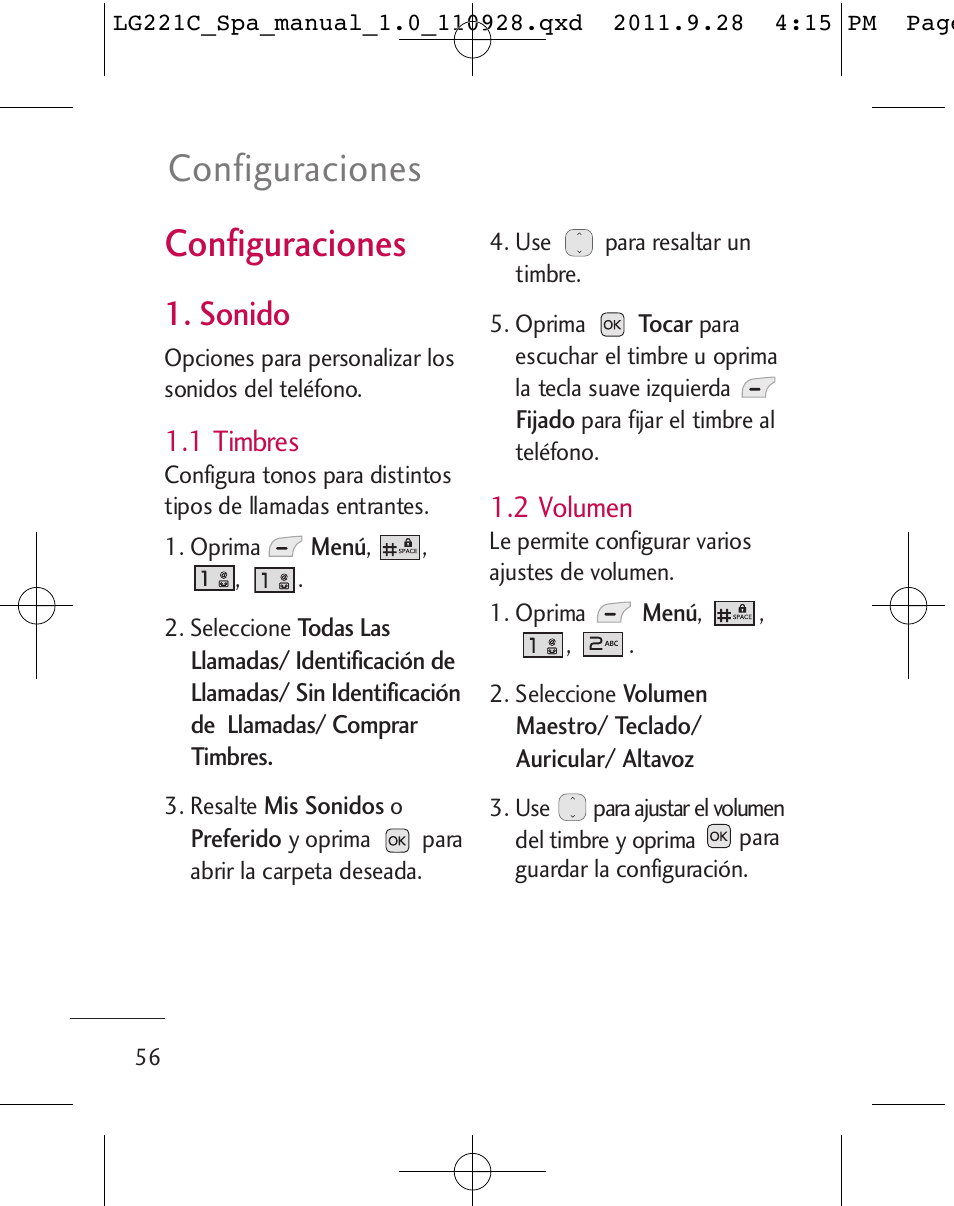 Configuraciones, Sonido, 1 timbres | 2 volumen | LG LG221C User Manual | Page 156 / 210