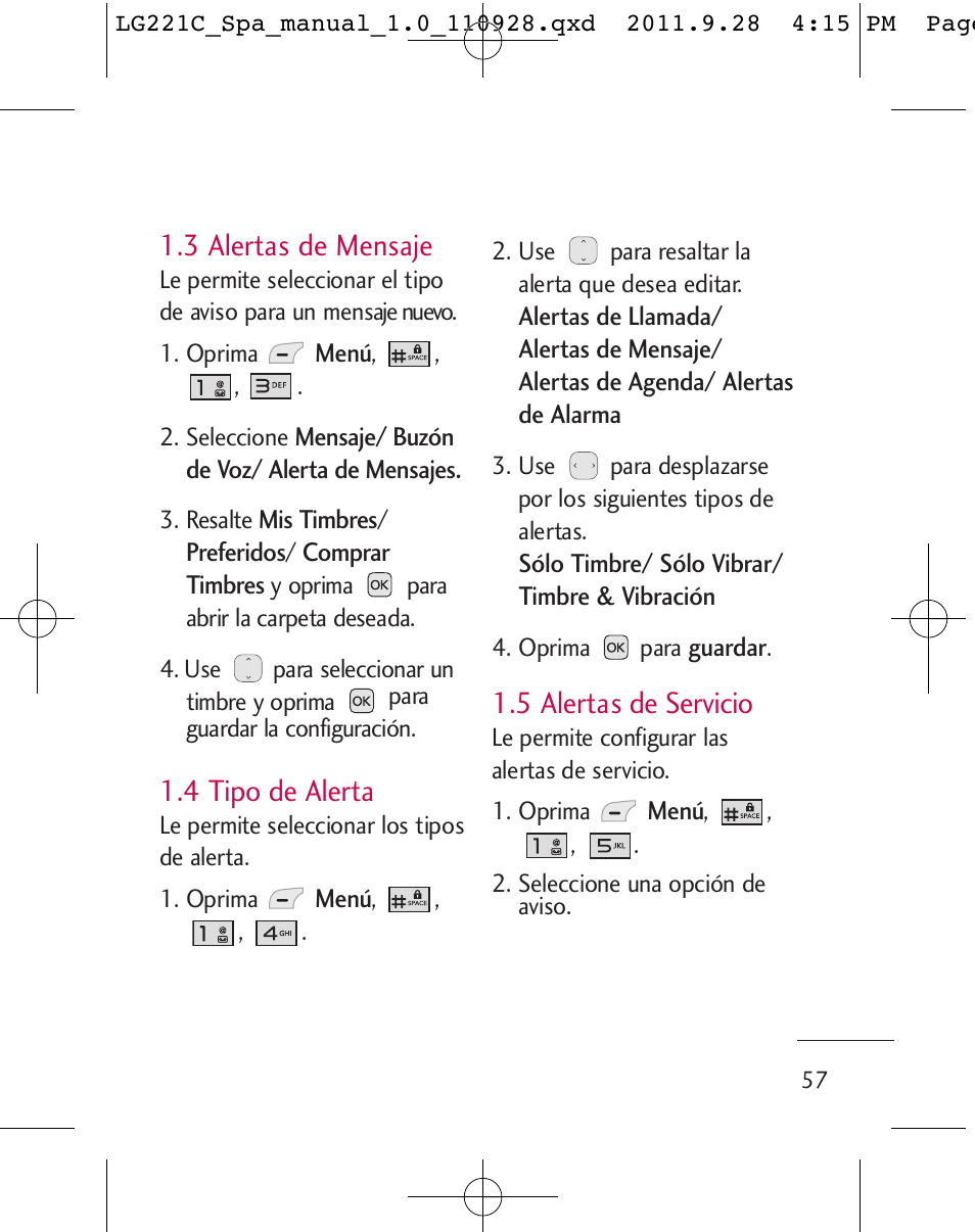 3 alertas de mensaje, 4 tipo de alerta, 5 alertas de servicio | LG LG221C User Manual | Page 157 / 210