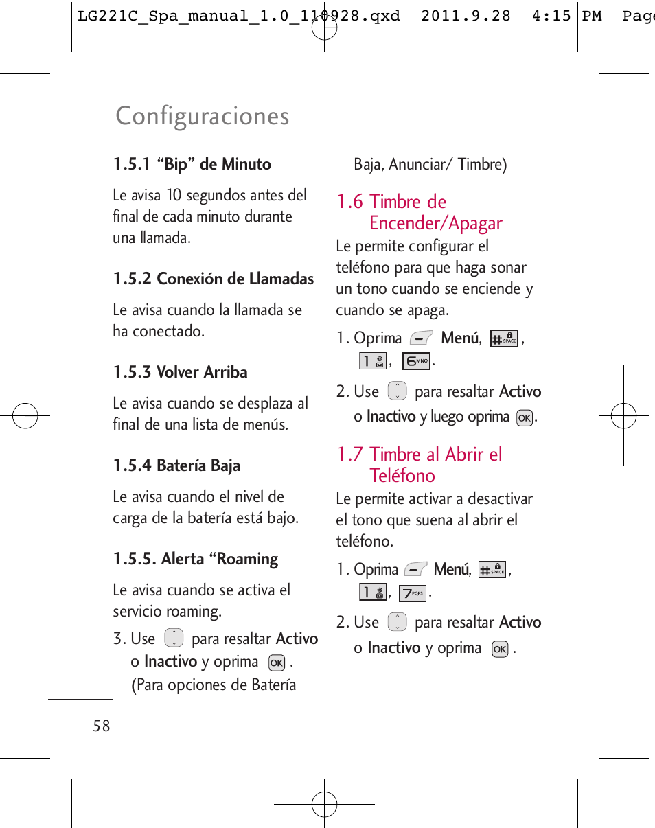 Configuraciones, 6 timbre de encender/apagar, 7 timbre al abrir el teléfono | LG LG221C User Manual | Page 158 / 210