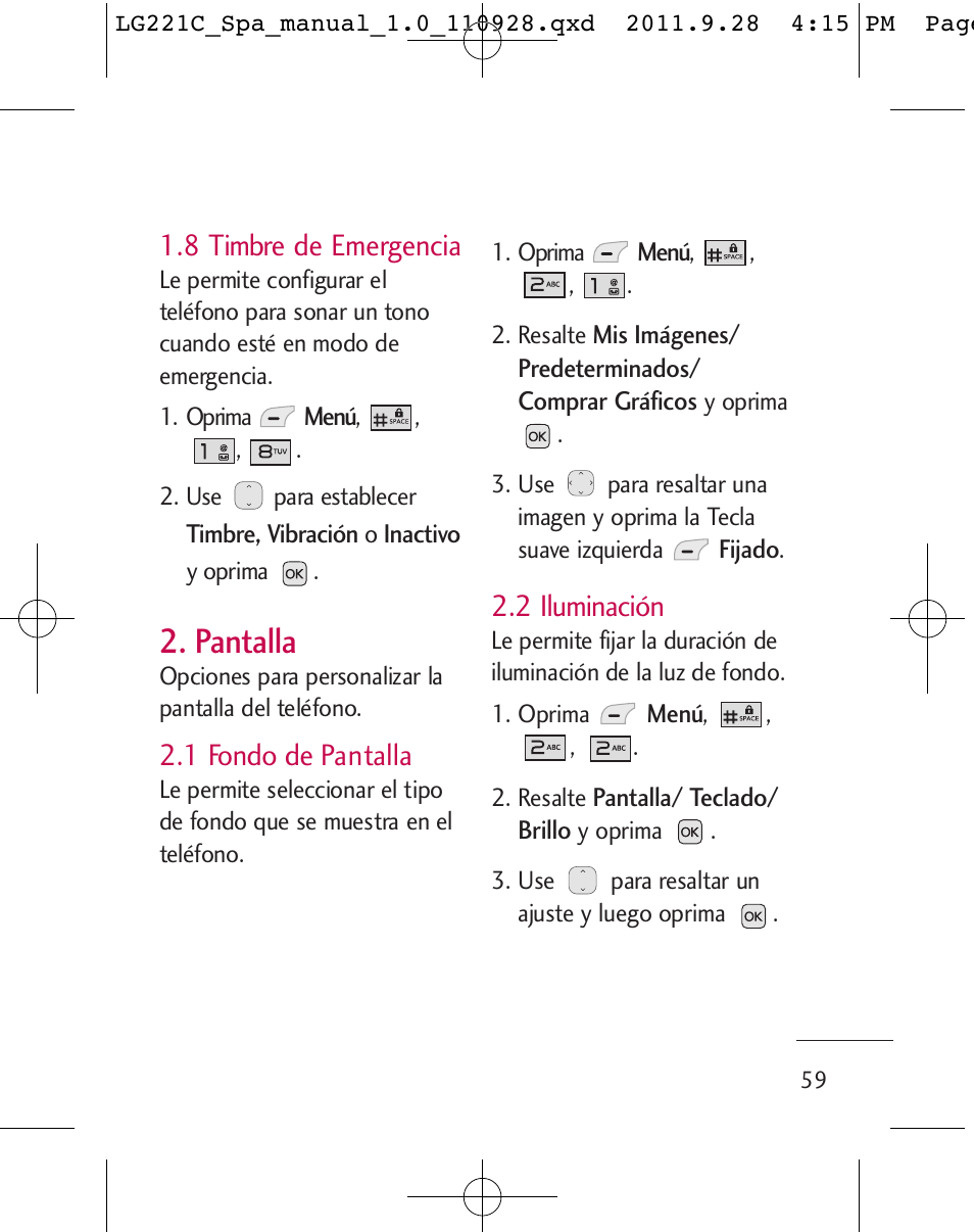 Pantalla, 8 timbre de emergencia, 1 fondo de pantalla | 2 iluminación | LG LG221C User Manual | Page 159 / 210