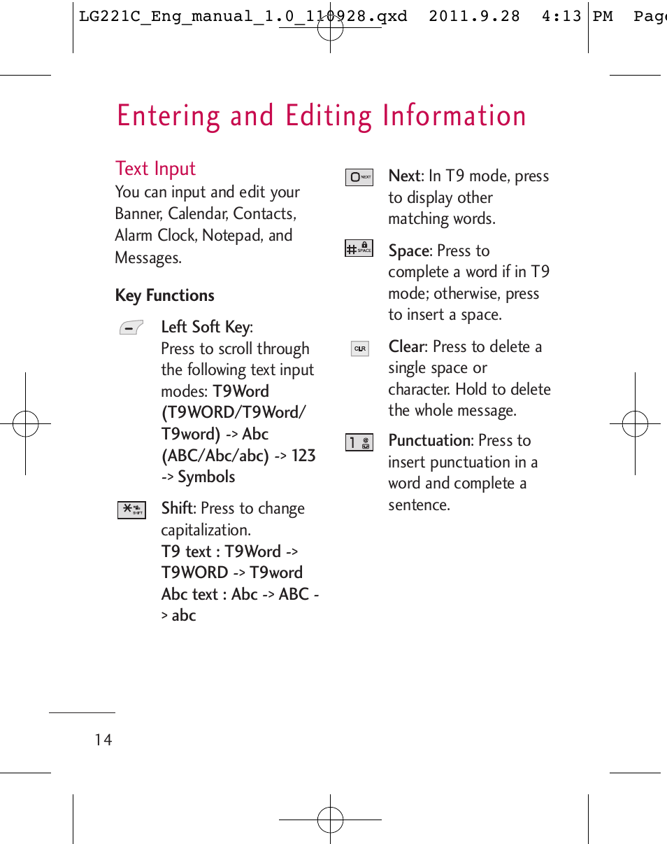 Entering and editing information | LG LG221C User Manual | Page 16 / 210