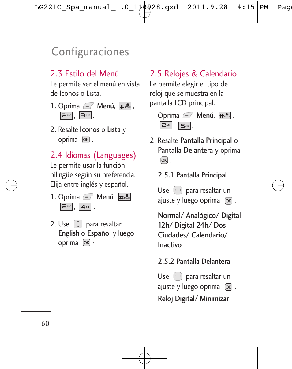 Configuraciones, 3 estilo del menú, 4 idiomas (languages) | 5 relojes & calendario | LG LG221C User Manual | Page 160 / 210