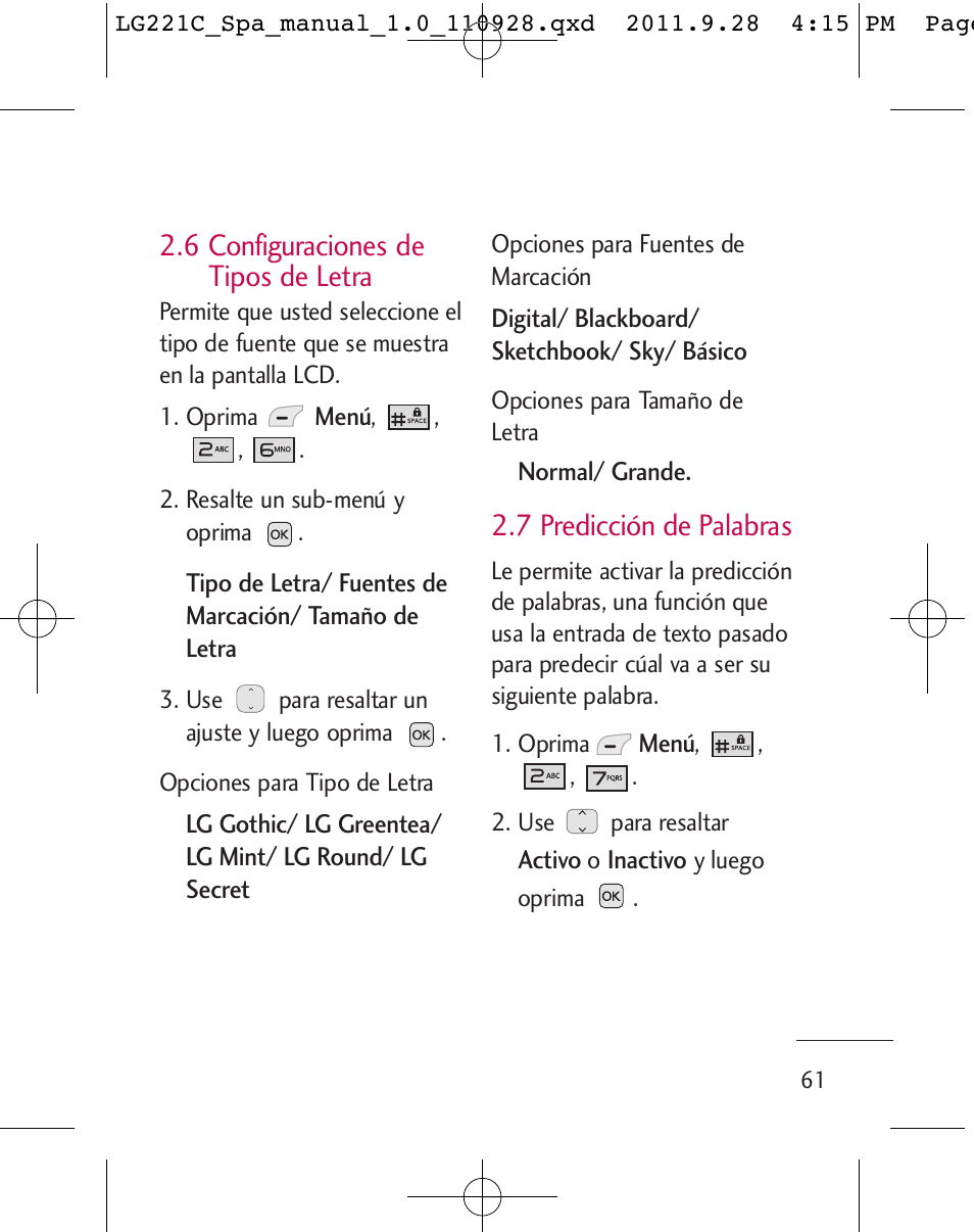 6 configuraciones de tipos de letra, 7 predicción de palabras | LG LG221C User Manual | Page 161 / 210