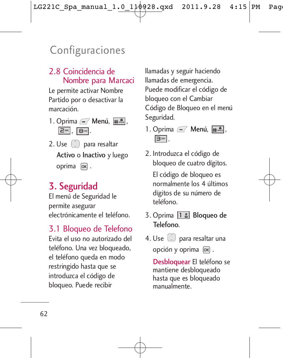 Configuraciones, Seguridad, 8 coincidencia de nombre para marcaci | 1 bloqueo de telefono | LG LG221C User Manual | Page 162 / 210