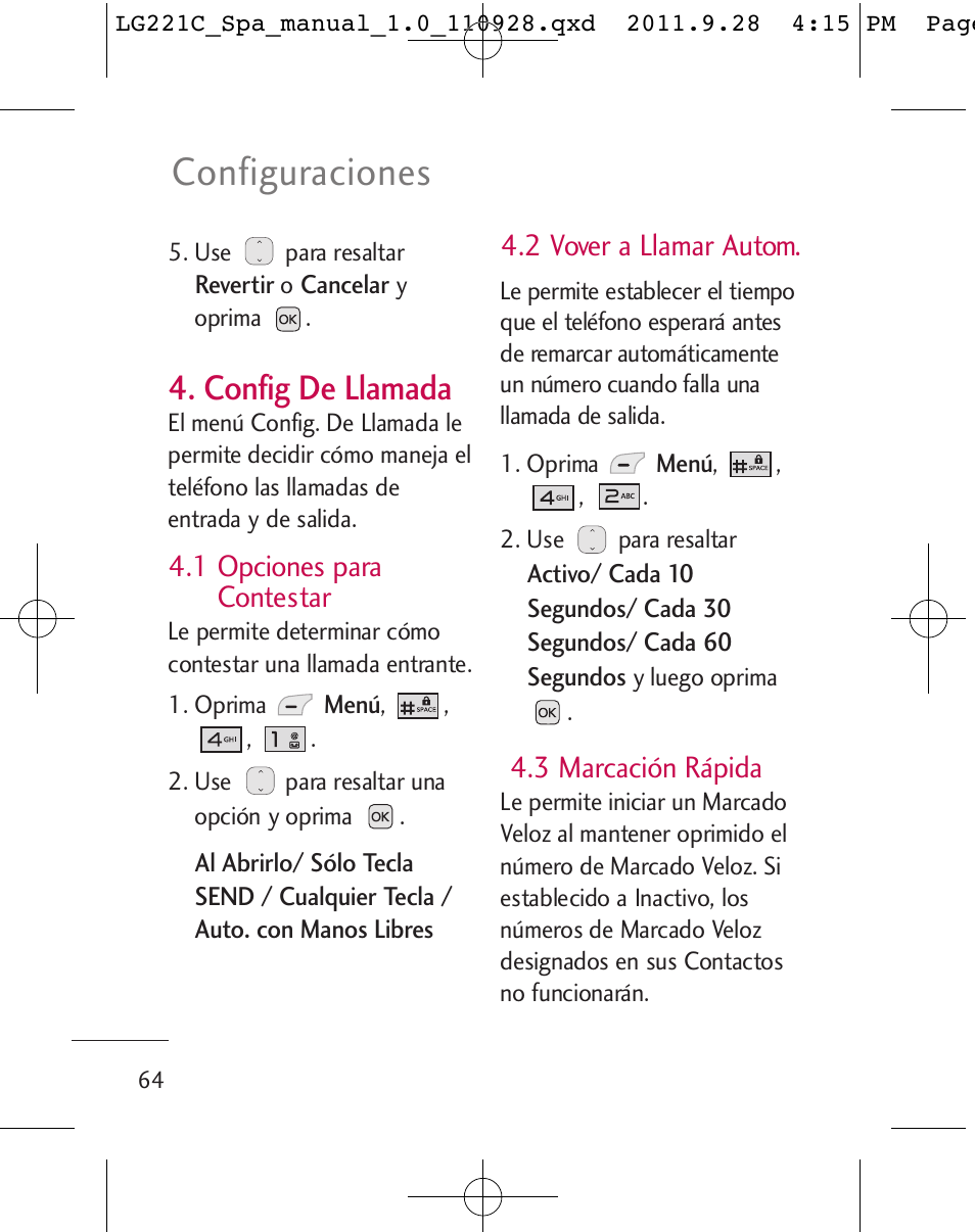 Configuraciones, Config de llamada, 1 opciones para contestar | 2 vover a llamar autom, 3 marcación rápida | LG LG221C User Manual | Page 164 / 210