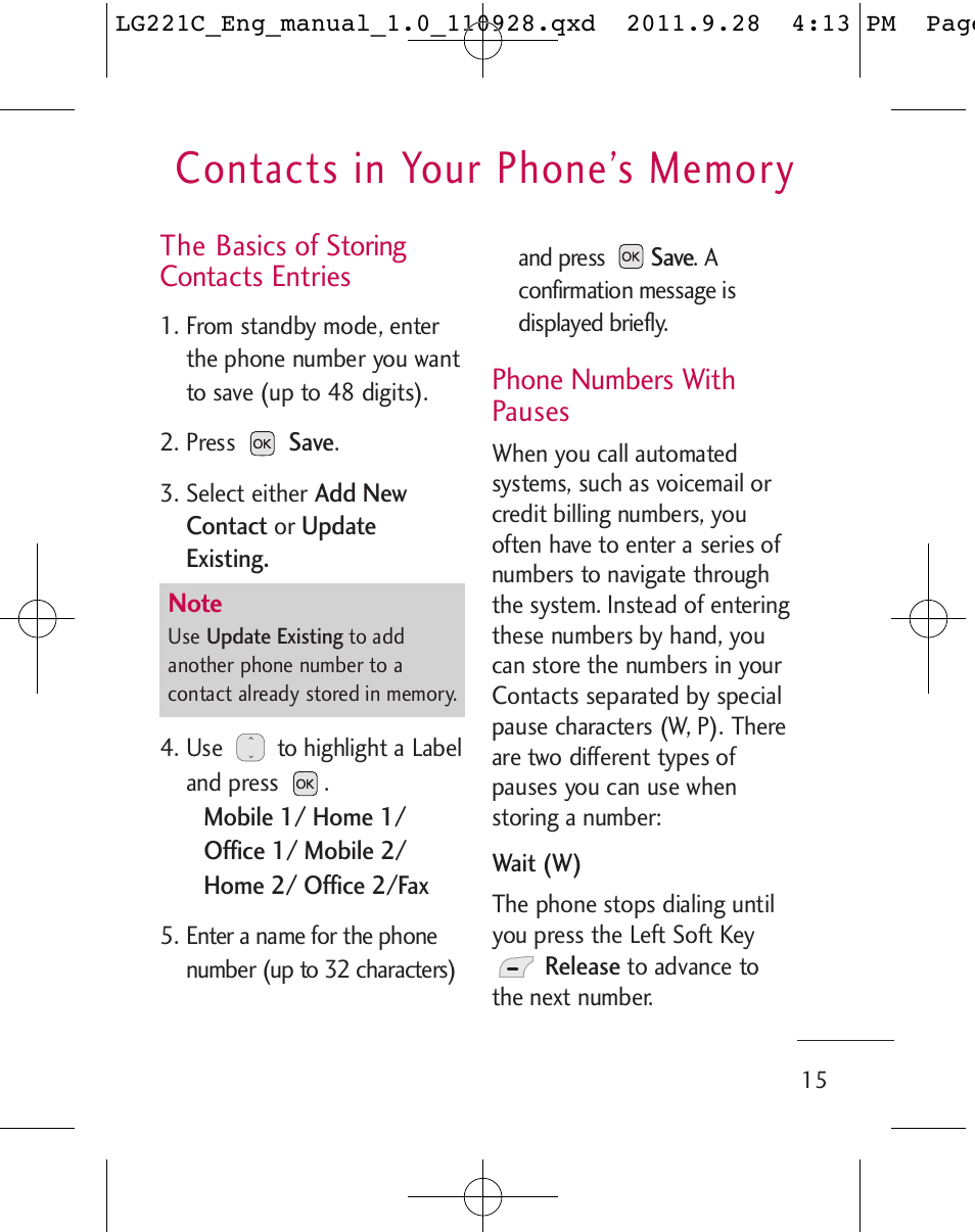 The basics of storing contacts entries, Phone numbers with pauses | LG LG221C User Manual | Page 17 / 210