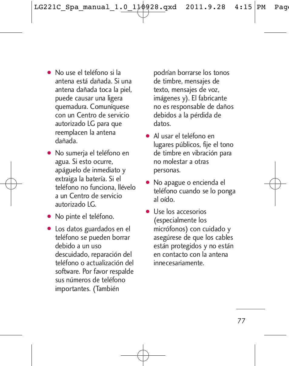 No pinte el teléfono | LG LG221C User Manual | Page 177 / 210