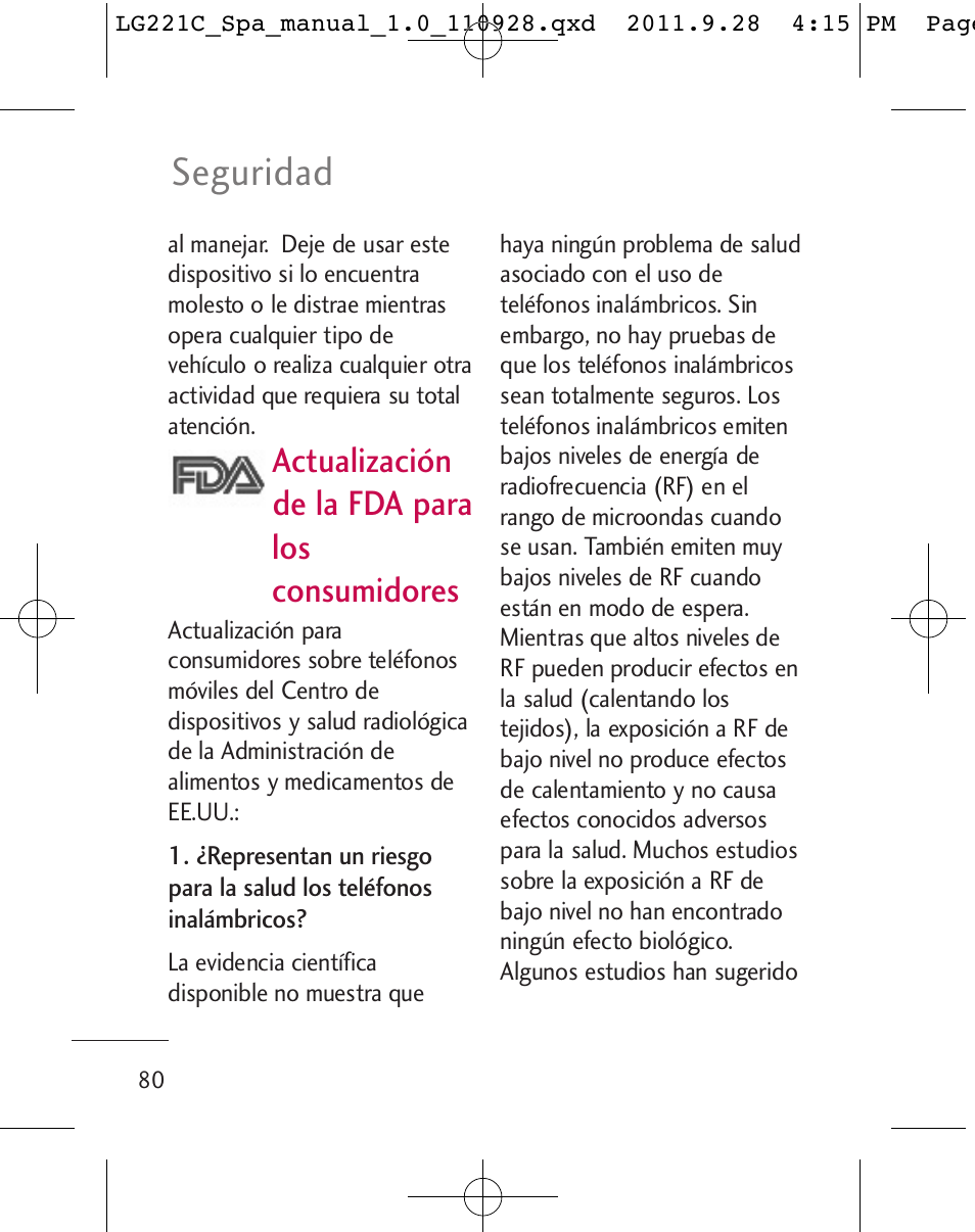 Seguridad, Actualización de la fda para los consumidores | LG LG221C User Manual | Page 180 / 210