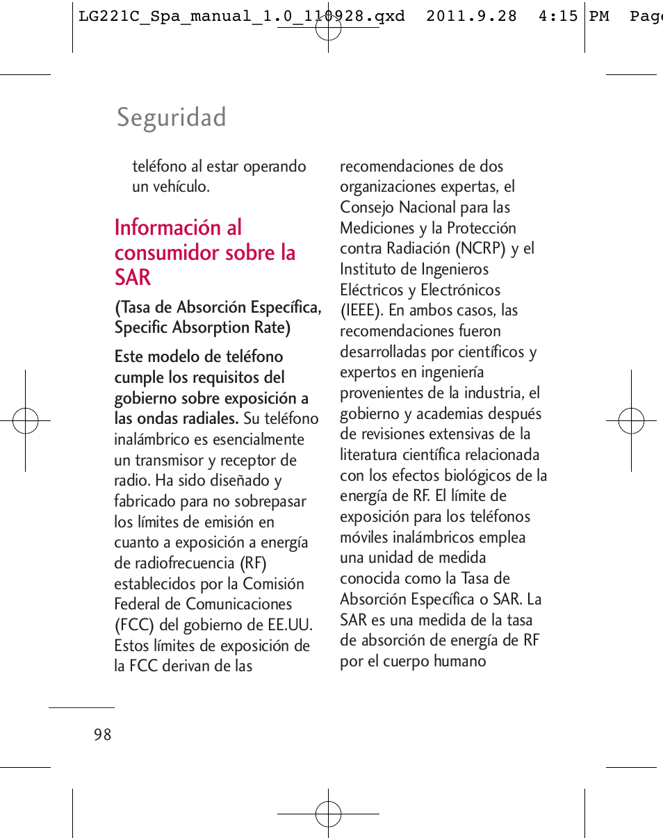 Seguridad, Información al consumidor sobre la sar | LG LG221C User Manual | Page 198 / 210