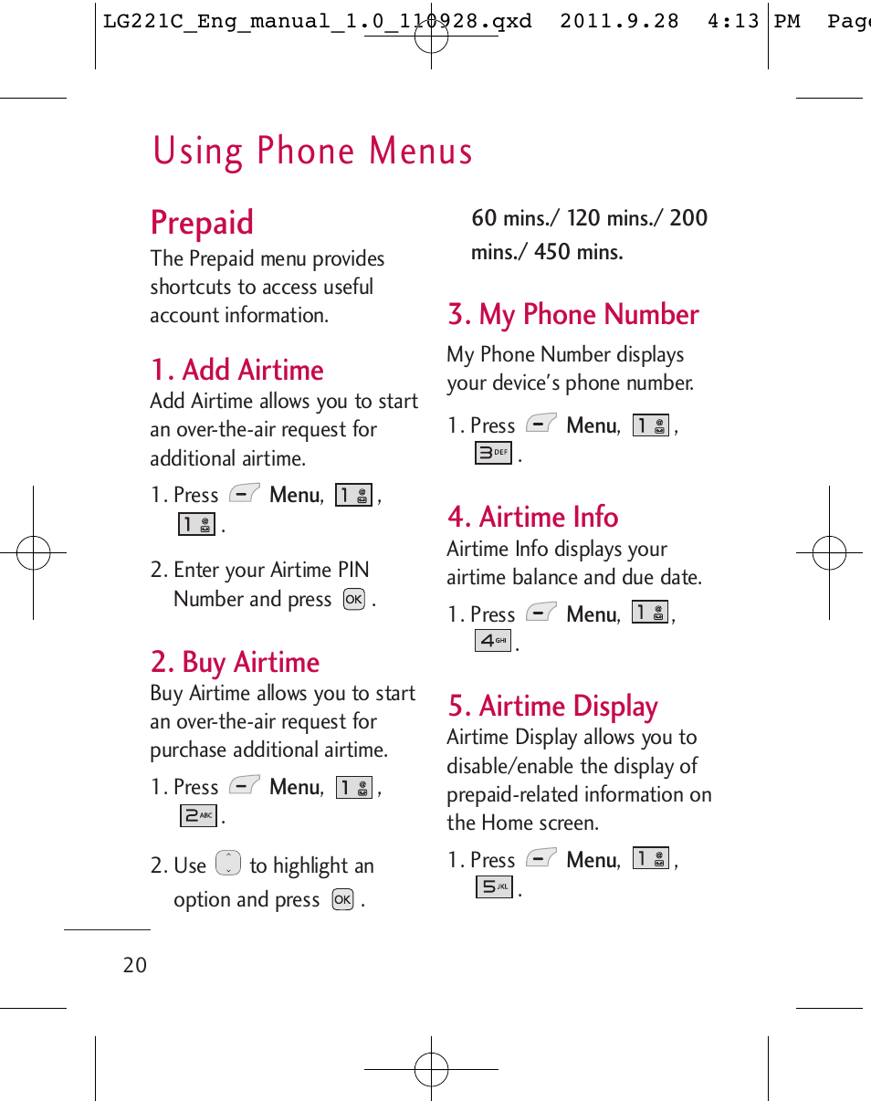 Using phone menus, Prepaid, Add airtime | Buy airtime, My phone number, Airtime info, Airtime display | LG LG221C User Manual | Page 22 / 210