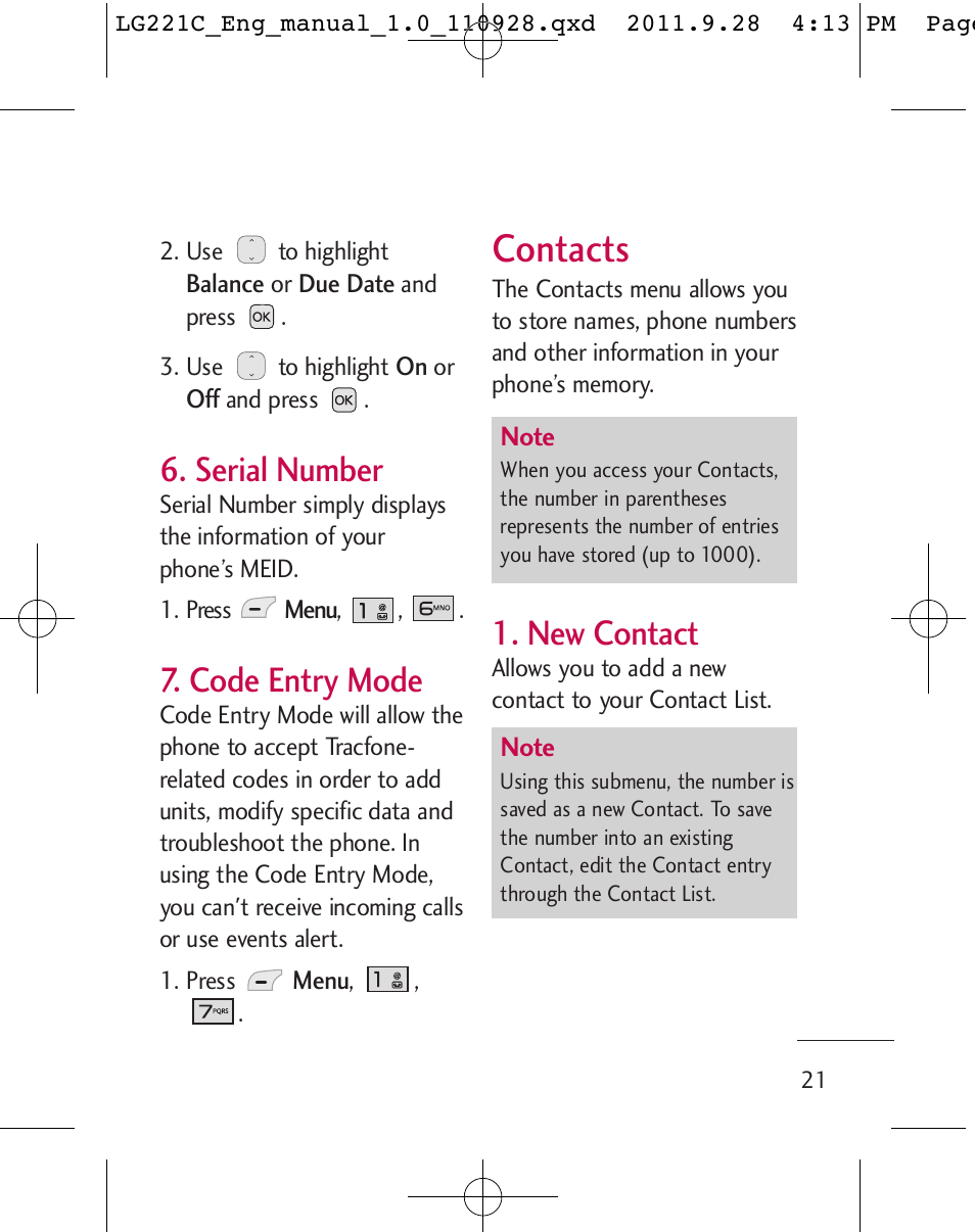 Contacts, Serial number, Code entry mode | New contact | LG LG221C User Manual | Page 23 / 210