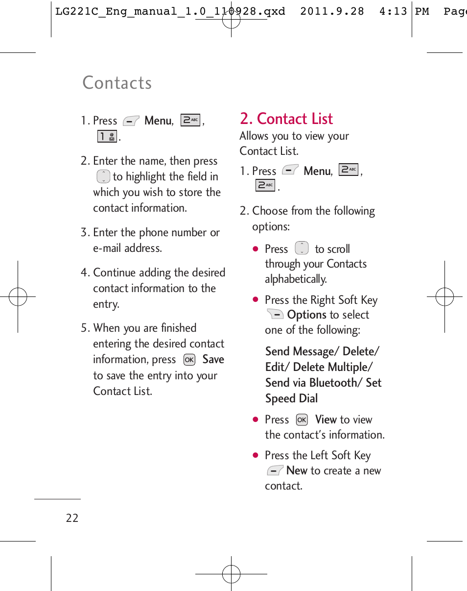 Contacts, Contact list | LG LG221C User Manual | Page 24 / 210