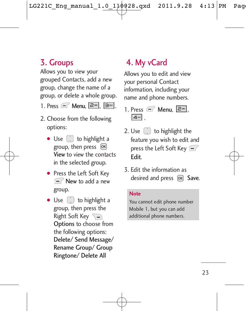 Groups, My vcard | LG LG221C User Manual | Page 25 / 210