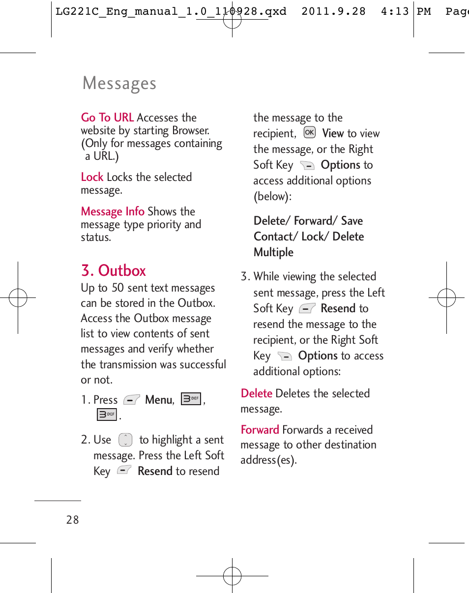 Messages, Outbox | LG LG221C User Manual | Page 30 / 210