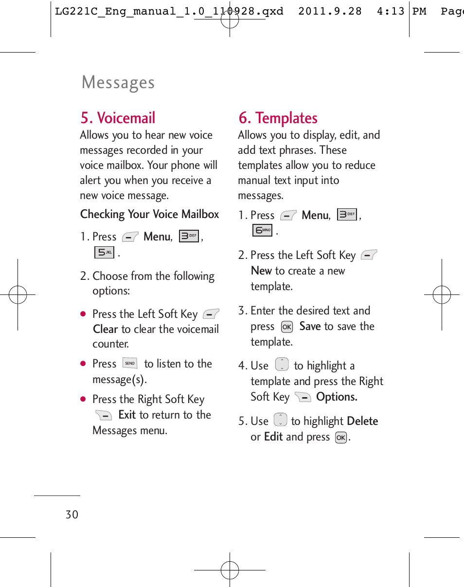 Messages, Voicemail, Templates | LG LG221C User Manual | Page 32 / 210