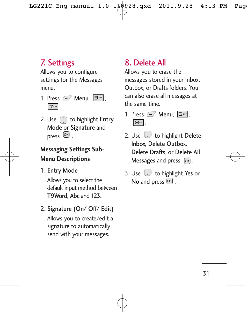 Settings, Delete all | LG LG221C User Manual | Page 33 / 210