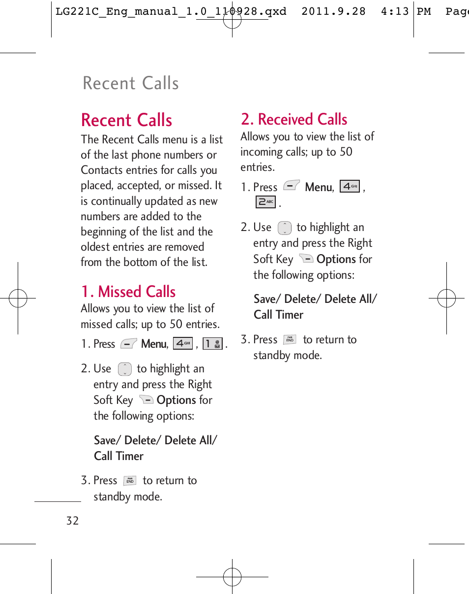 Recent calls, Missed calls, Received calls | LG LG221C User Manual | Page 34 / 210