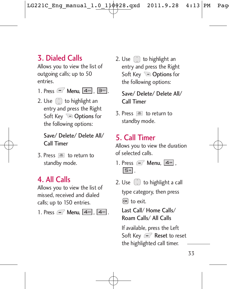 Dialed calls, All calls, Call timer | LG LG221C User Manual | Page 35 / 210