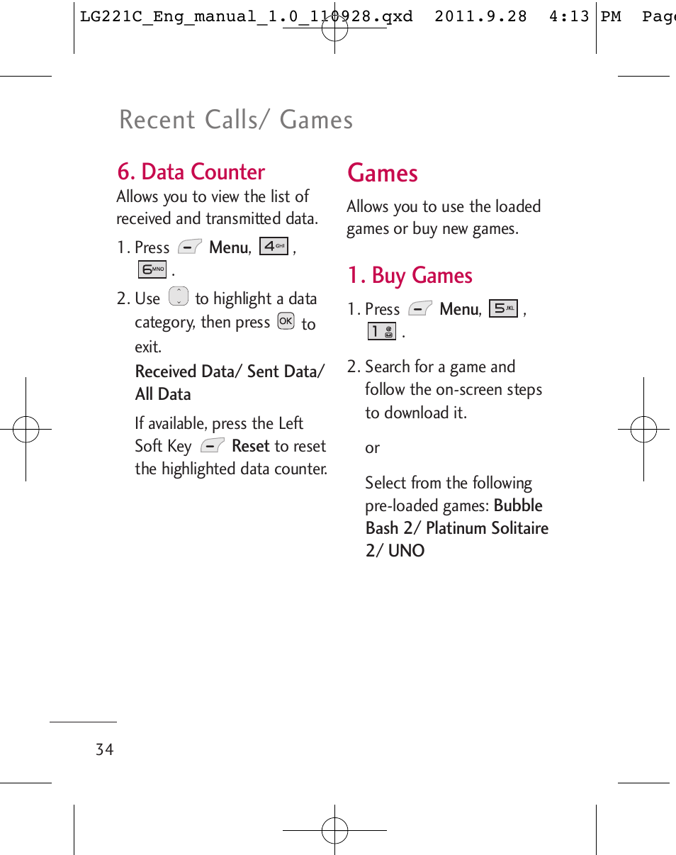 Games, Recent calls/ games, Data counter | Buy games | LG LG221C User Manual | Page 36 / 210