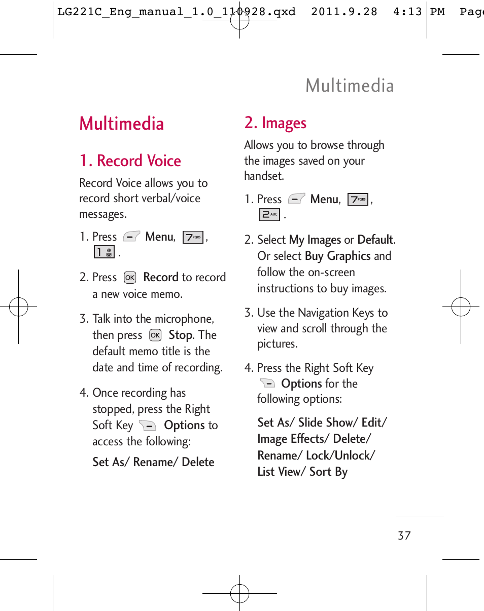 Multimedia, Record voice, Images | LG LG221C User Manual | Page 39 / 210