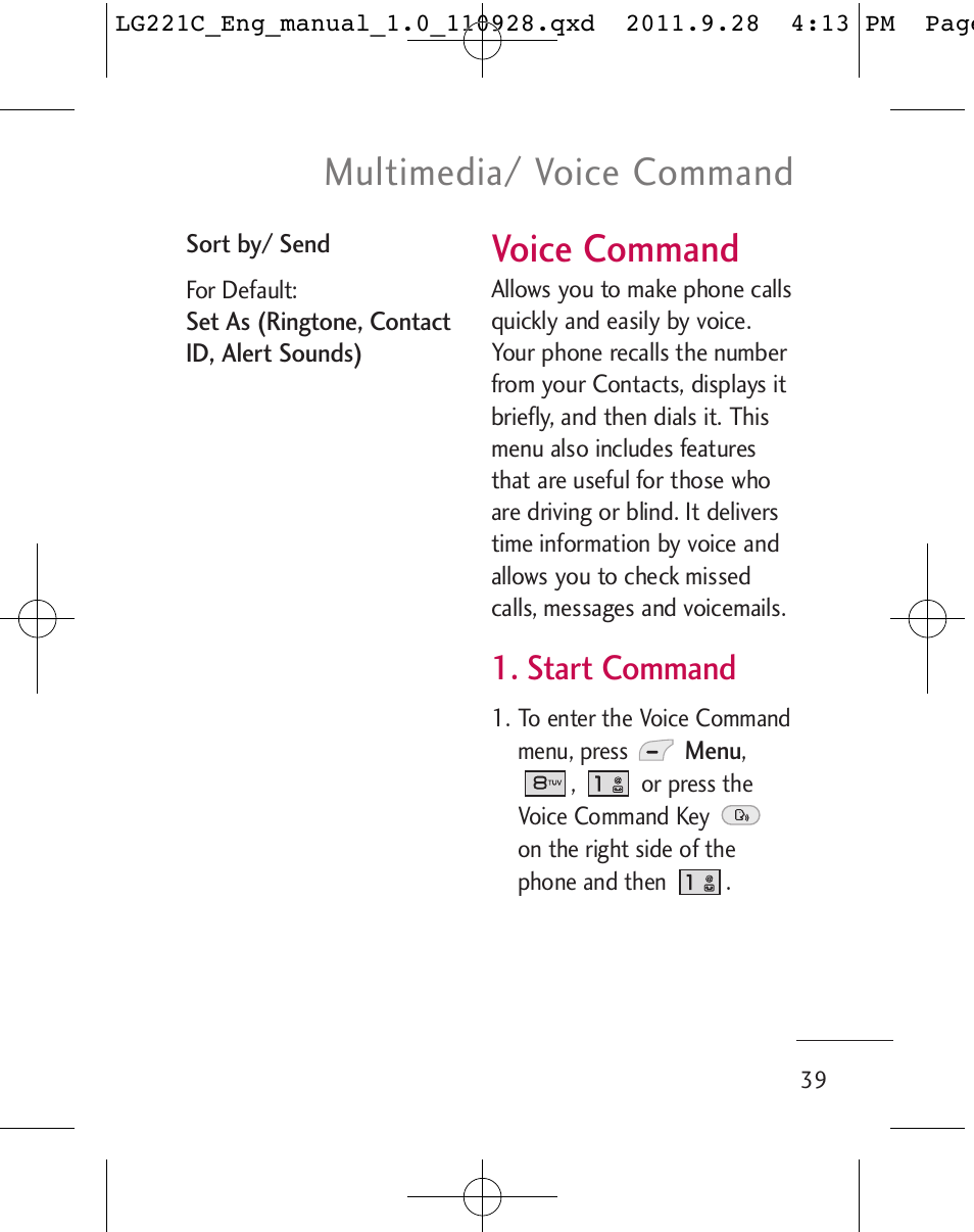 Voice command, Multimedia/ voice command, Start command | LG LG221C User Manual | Page 41 / 210