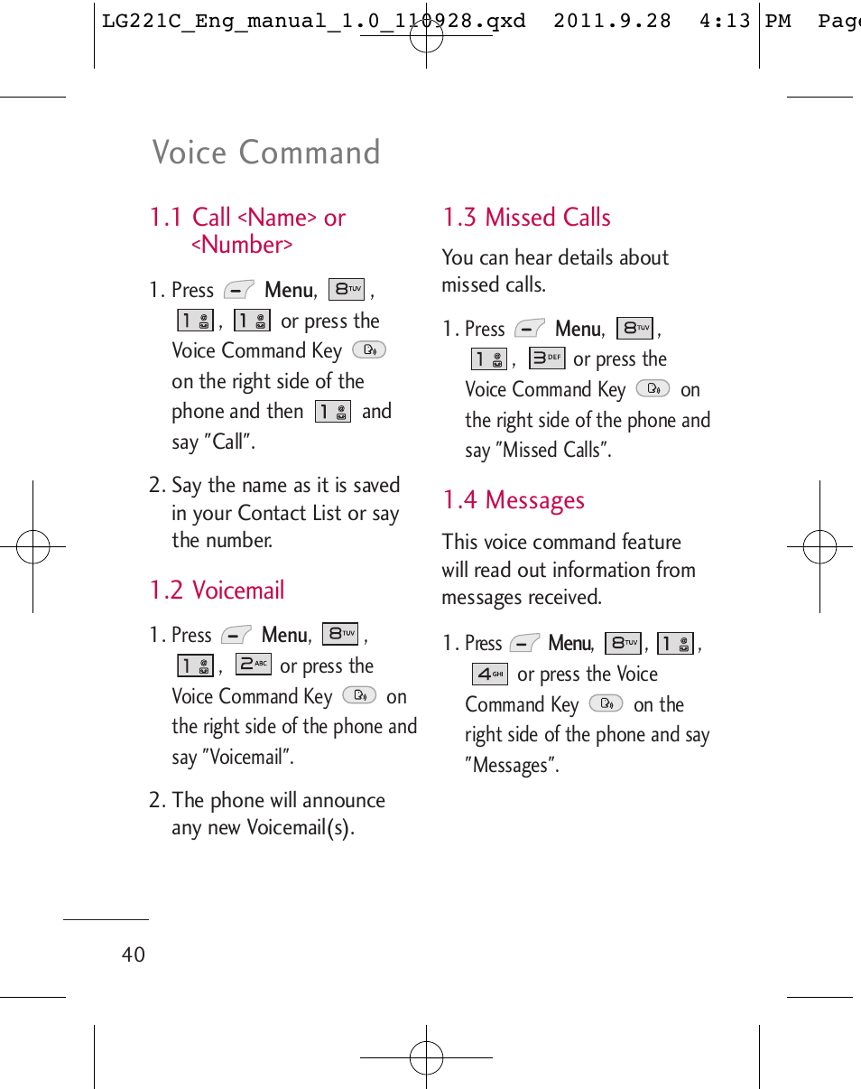 Voice command, 1 call <name> or <number, 2 voicemail | 3 missed calls, 4 messages | LG LG221C User Manual | Page 42 / 210