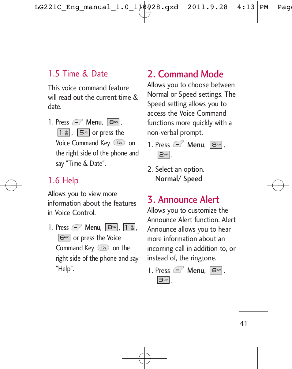 Command mode, Announce alert, 5 time & date | 6 help | LG LG221C User Manual | Page 43 / 210