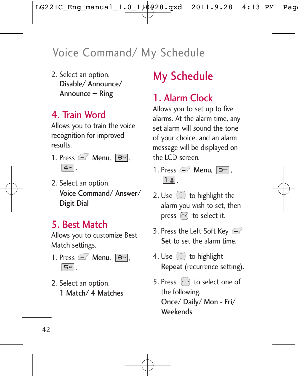 Voice command/ my schedule, My schedule, Train word | Best match, Alarm clock | LG LG221C User Manual | Page 44 / 210