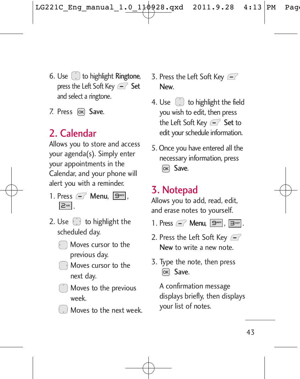 Calendar | LG LG221C User Manual | Page 45 / 210