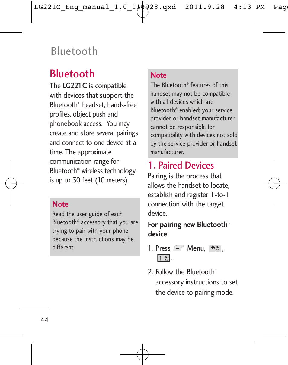 Bluetooth, Paired devices | LG LG221C User Manual | Page 46 / 210