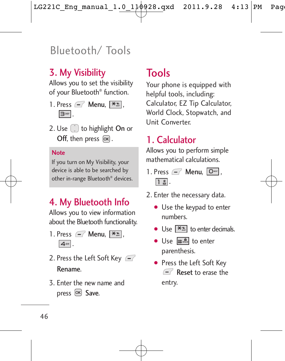 Bluetooth/ tools, Tools, My visibility | My bluetooth info, Calculator | LG LG221C User Manual | Page 48 / 210