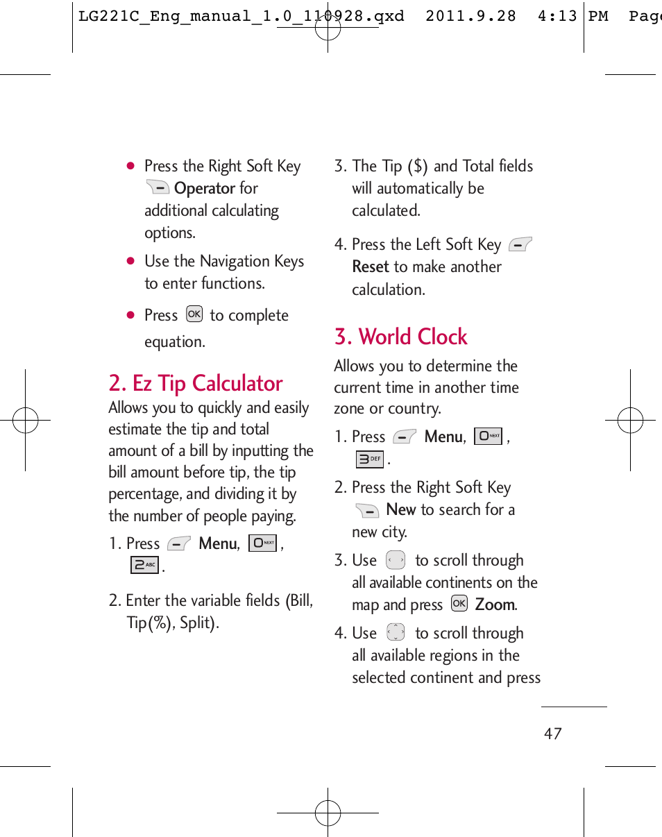 Ez tip calculator, World clock | LG LG221C User Manual | Page 49 / 210