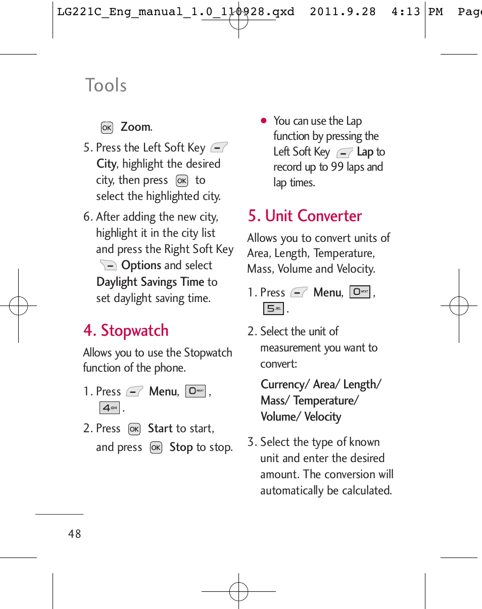 Tools, Stopwatch, Unit converter | LG LG221C User Manual | Page 50 / 210