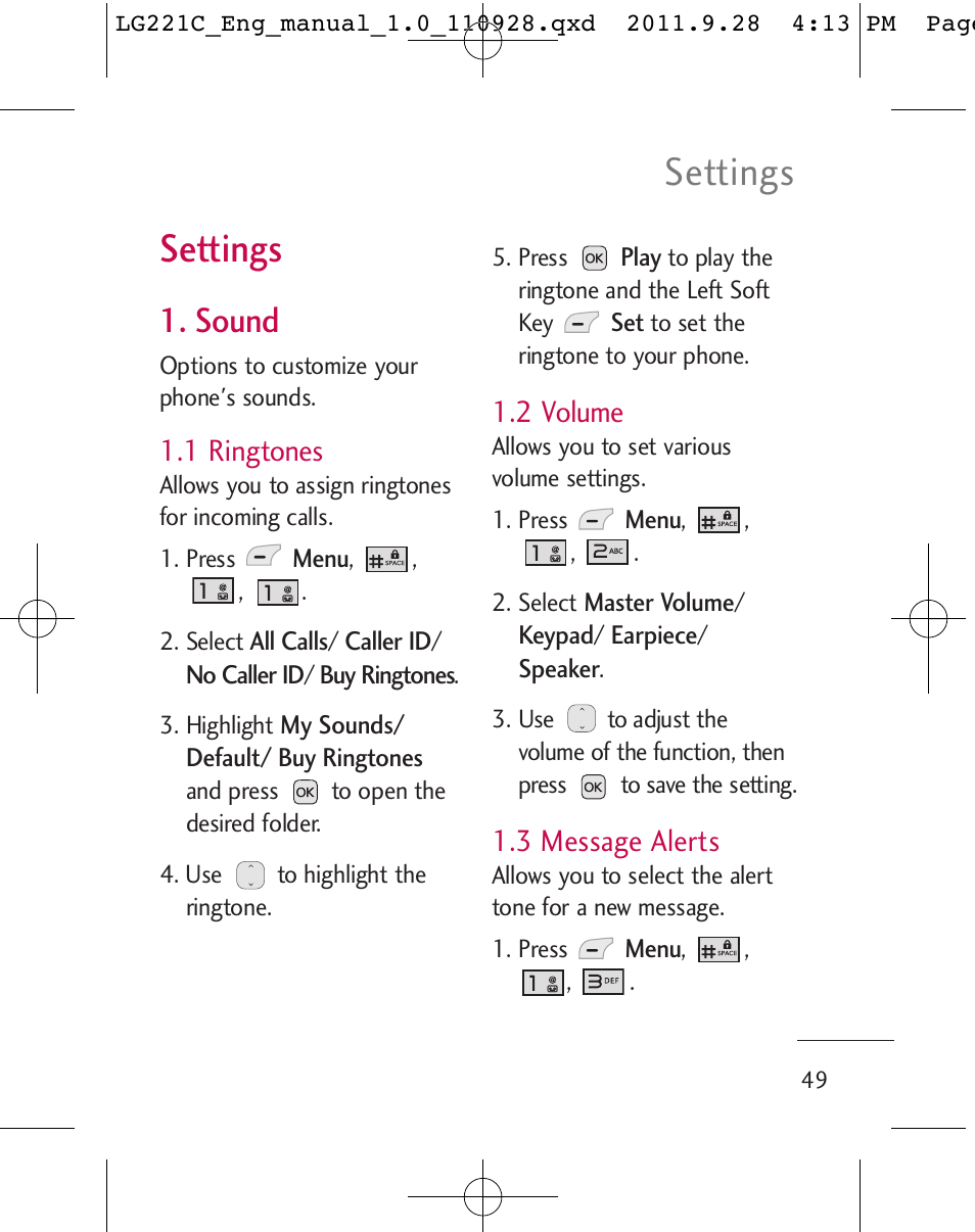 Settings, Sound, 1 ringtones | 2 volume, 3 message alerts | LG LG221C User Manual | Page 51 / 210