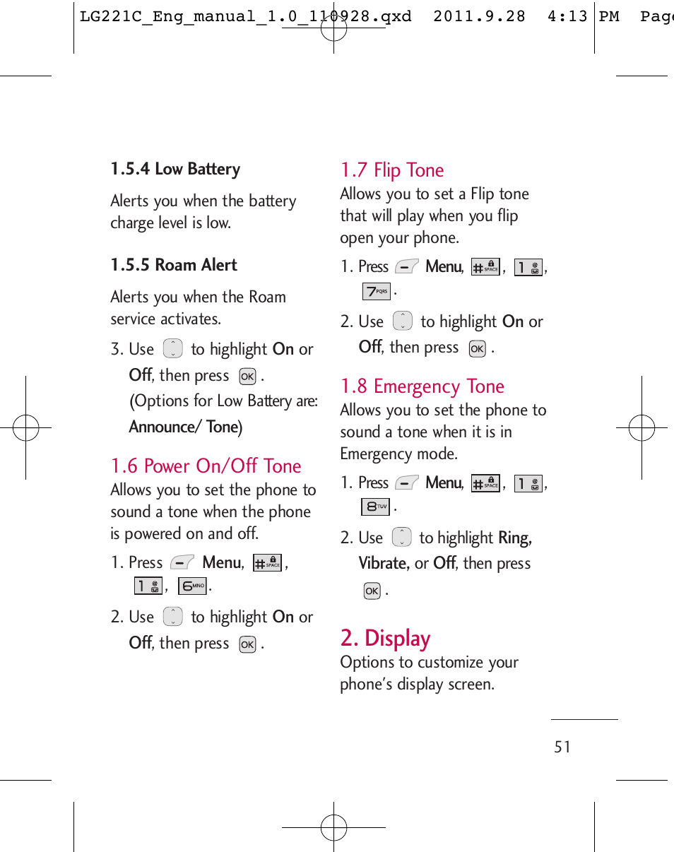 Display, 6 power on/off tone, 7 flip tone | 8 emergency tone | LG LG221C User Manual | Page 53 / 210