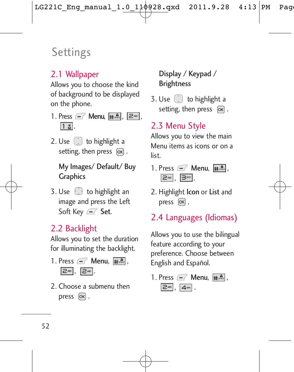 Settings, 1 wallpaper, 2 backlight | 3 menu style, 4 languages (idiomas) | LG LG221C User Manual | Page 54 / 210