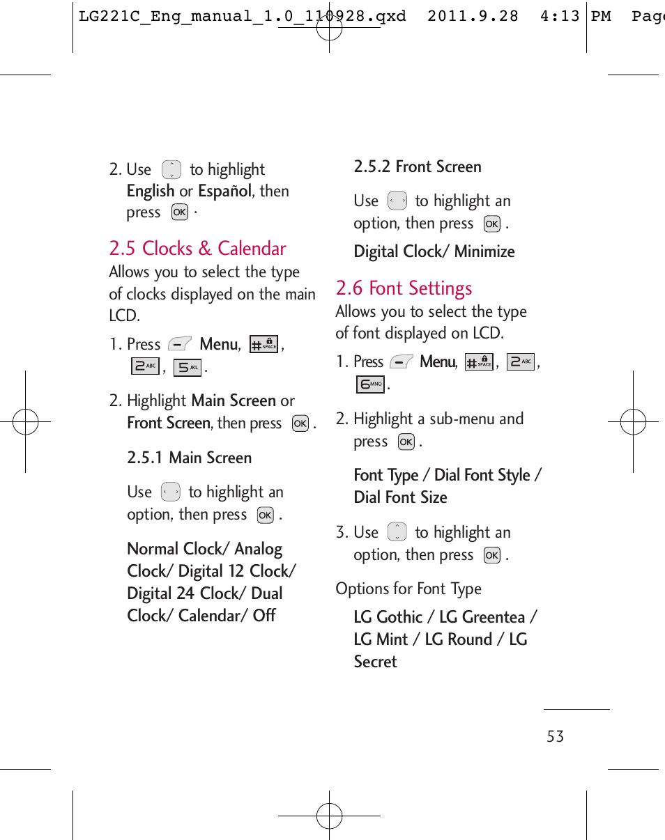 5 clocks & calendar, 6 font settings | LG LG221C User Manual | Page 55 / 210