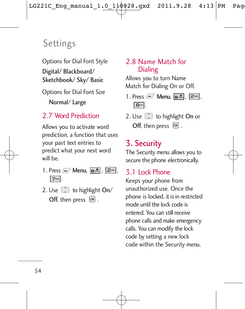 Settings, Security, 7 word prediction | 8 name match for dialing, 1 lock phone | LG LG221C User Manual | Page 56 / 210