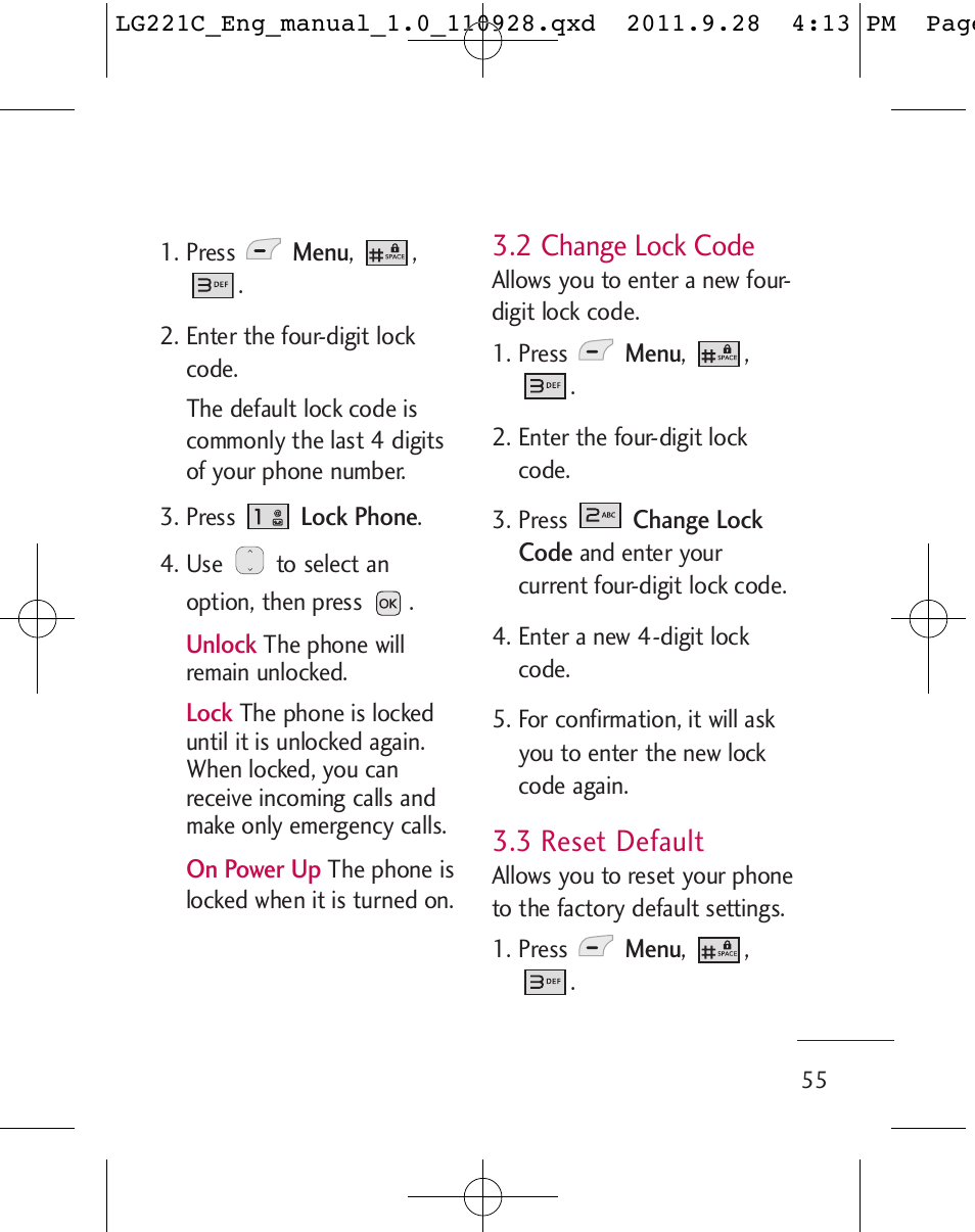 2 change lock code, 3 reset default | LG LG221C User Manual | Page 57 / 210