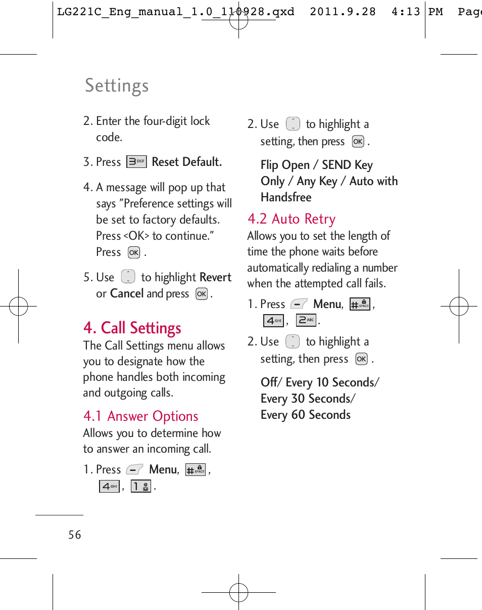 Settings, Call settings, 1 answer options | 2 auto retry | LG LG221C User Manual | Page 58 / 210