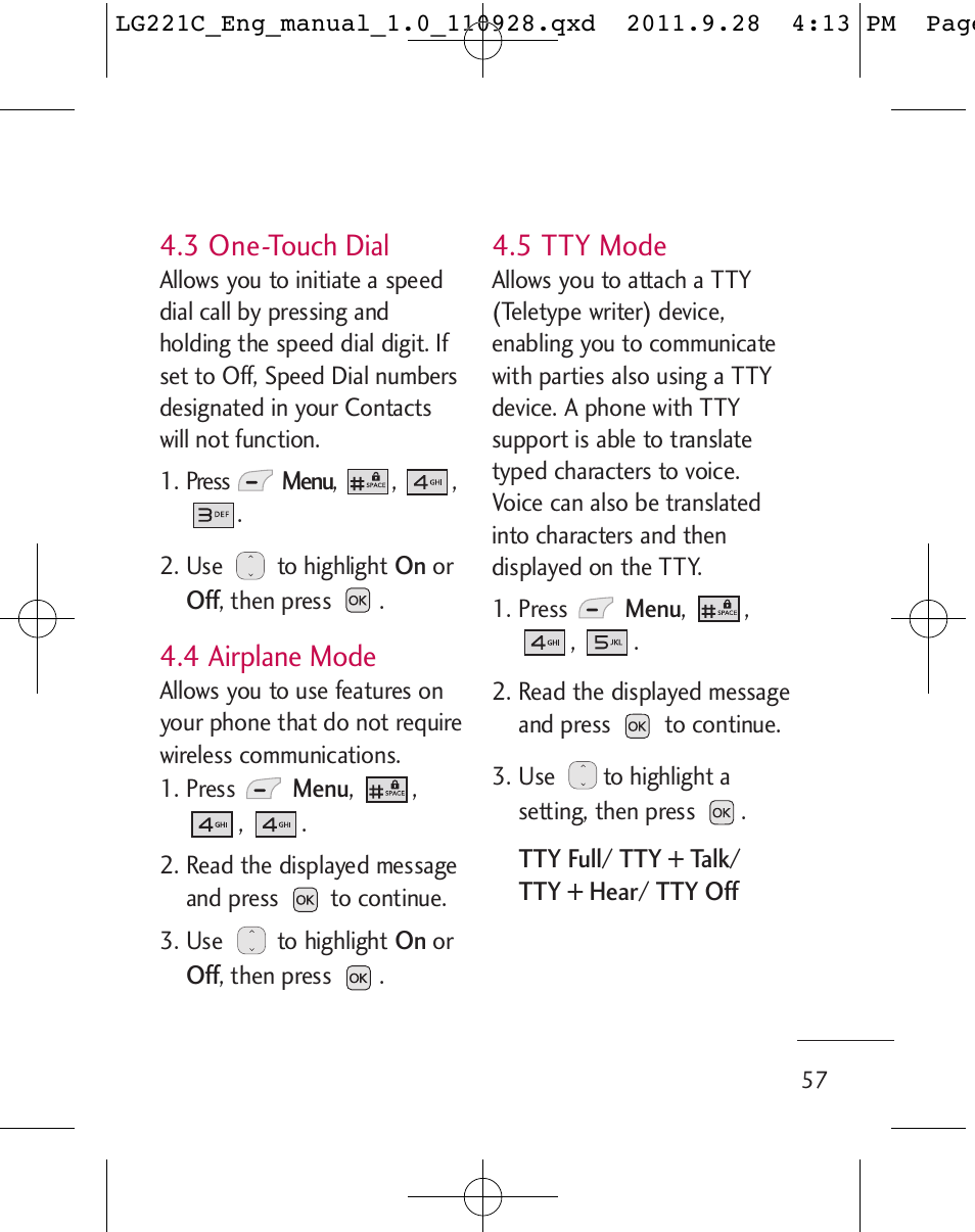 3 one-touch dial, 4 airplane mode, 5 tty mode | LG LG221C User Manual | Page 59 / 210